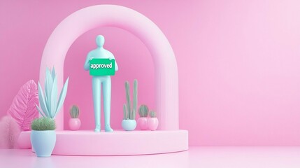 A vibrant pastel scene featuring a stylized figure holding a sign, surrounded by potted plants, set against a soft pink background.