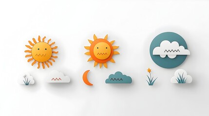 Fototapete - Elegant and Minimalist Weather Icons Featuring a Bright Sun Moon and Clouds with a Dual Color Palette to Enhance Clarity and Create a Modern Stylish Aesthetic