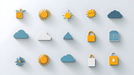 Fototapete - Set of Minimalist Meteorological Icons Depicting Sun Clouds and Rain in a Contrasting Two Tone Color Scheme Designed with Clean Lines and Subtle Shadows to Convey Weather Conditions