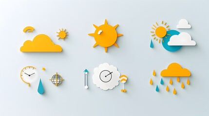 Fototapete - Set of simple two color weather icons crafted with a flat geometric design style  Includes symbols for thunderstorms sunshine and snow using clean minimal shapes and forms