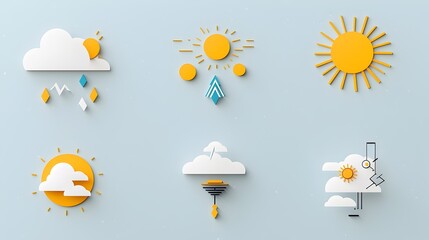 Aufkleber - Minimal and Stylized Two Tone Geometric Weather Icons Representing Thunderstorms Sunny Skies and Winter Snow Conditions in a Simple and Abstract Design