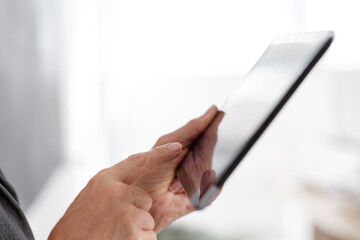 Poster - Person, hands and tablet in office for business, connectivity and schedule app for productivity. Closeup, tech and entrepreneur in workplace for research, connection and networking for startup growth