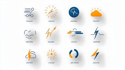 Aufkleber - Set of modern bold geometric icons depicting weather conditions like wind snow and lightning in a minimalist two color palette  These abstract symbols are designed for use in weather forecasts
