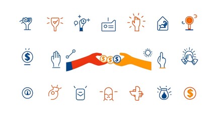 Poster - Contrasting Color Icons Showcasing Hands Exchanging Coins Symbolizing Financial Donations and Support Created with a Clean Modern Aesthetic