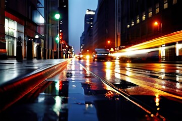 Poster - the city center with a light drizzle car lights creating moving