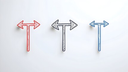 Poster - Minimalist dual tone icons with arrows pointing in different directions symbolizing choice decision making and alternative options for strategic planning and problem solving