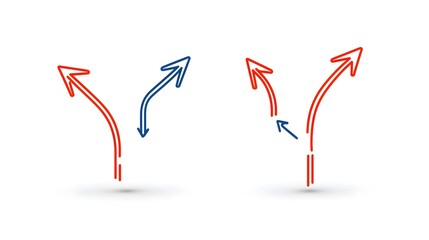 Poster - Minimalist dual tone decision icons with arrows pointing in opposite directions symbolizing choice making problem solving and strategic planning concepts