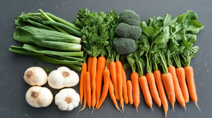 Wall Mural - Assortment of fresh vegetables including garlic, green onions, carrots, broccoli, and leafy greens arranged on a dark surface.