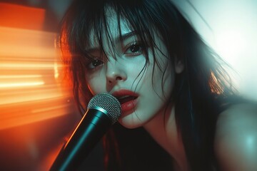 Close-up portrait of a woman singing into a microphone, illuminated by warm and cool light.