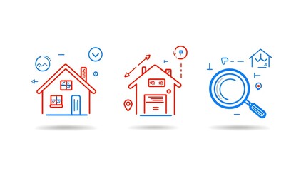 Poster - Minimalist Two Color Icons Depicting a House and Magnifying Glass Representing the Concept of Property Investigation