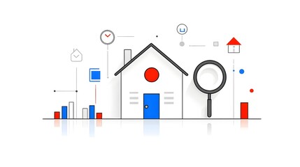 Poster - Minimalist two color icon set featuring a house and magnifying glass symbols representing the concept of property investigation  Crafted with clean lines and a simple