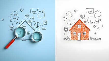 Minimalist two color icon featuring a house and magnifying glass symbolizing the concept of property search and real estate with clean lines and minimal detail