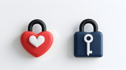 Fototapete - This image features two color icons of a heart shaped lock and key symbolizing the concepts of trust and love  The clean crisp lines and simple elegant shapes create a minimalist
