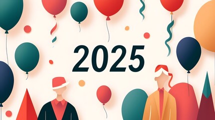 Aufkleber - Vibrant New Year s Eve 2025 composition featuring a curvy  2025  font complemented by delicate line art elements of balloons and streamers  This modern