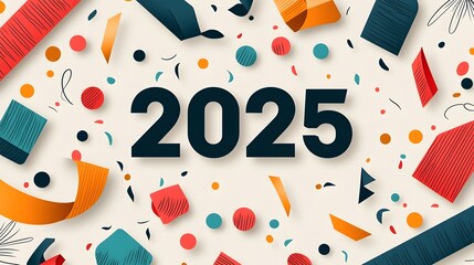 Poster - Elegant and minimalist New Year 2025 design featuring a sleek serif font surrounded by simple line art of festive elements like ribbons and confetti with clear areas for ads or other content