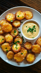 Wall Mural - Fried mac and cheese bites topped with parsley served with a side of cheese sauce