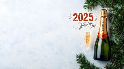 Aufkleber - Elegant and minimalist for 2025 New Year s Eve with a flowing handwritten style 2025 text integrated with a simple line art of a sparkling champagne bottle