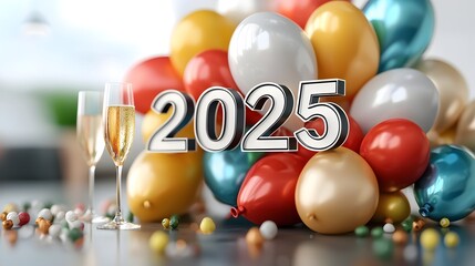 Stylish and contemporary 2025 design in bold geometric font accented by minimalist line art of balloons and champagne glasses with clean areas for advertisements or branding