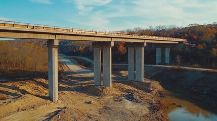 A time-lapse of a highway bridge being constructed, from foundation to final asphalt