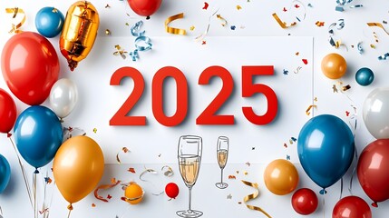 Sleek and modern  2025  design in a bold geometric font accented by minimalist line art of balloons and champagne glasses creating a stylish and celebratory backdrop perfect for advertising branding