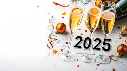 Poster - Stylish geometric font design of the year 2025 enhanced with subtle line art of stars and streamers ensuring blank space for promotional content