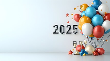 Aufkleber - Futuristic Geometric Font  2025  Design with Minimalist Line Art of Floating Balloons Stars and Champagne Glasses   Celebratory Festive and Modern Creative Graphic