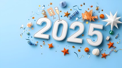 Leinwandbilder - Vibrant Geometric 2025 Backdrop with Line Art of Streamers Stars and Champagne Glasses Providing Open Spaces for Advertisement Copy