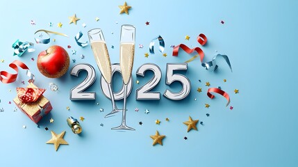 Poster - Minimalist and modern geometric 2025 background featuring abstract line art design with streamers stars and champagne glasses providing open space for advertisement copy or text overlay