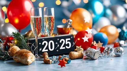 Poster - Minimalist and modern 2025 backdrop featuring a geometric numeric design with line art icons of champagne glasses stars balloons and streamers creating a stylish and contemporary party or event scene