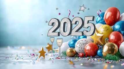 Poster - Minimalist and Geometric 2025 Design Concept with Line Art of Champagne Glasses Stars Balloons and Streamers Providing Marketing or Advertising Space for Branding