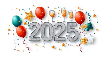 Poster - Minimalist geometric font design with line art of champagne glasses and stars accented by balloons and streamers providing a stylish and modern marketing space for new year s or other events