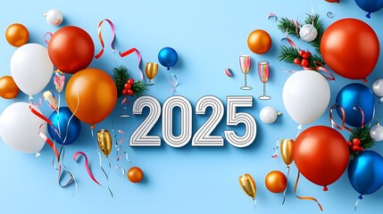 Poster - Vibrant and modern featuring a bold  2025  text in a geometric font surrounded by a playful arrangement of festive balloons streamers and champagne glasses