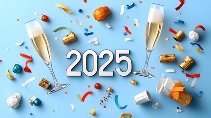 Poster - Sleek and modern 2025 design featuring a geometric font treatment for the year complemented by minimalist line art of champagne glasses and party streamers