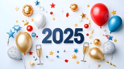 Poster - Stylish and modern geometric 2025 anniversary background with minimal line art of stars balloons and champagne glasses providing ample space for text or marketing elements