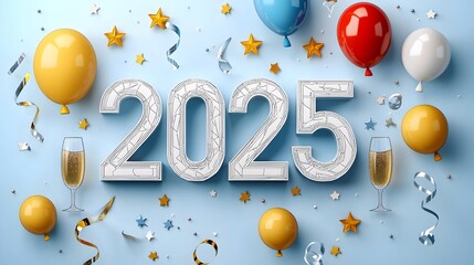 Poster - Stylish and modern geometric featuring the number 2025 with simple line art of champagne glasses balloons and stars creating a celebratory and elegant backdrop perfect for New Year s anniversary
