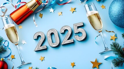 Poster - Geometric 2025 Modern Design with Festive Decorative Elements such as Line Art Streamers Champagne Glasses and Stars for Anniversary New Year or Holiday