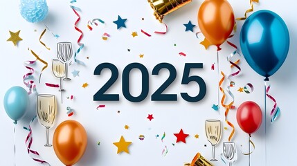 Poster - Bold 2025 in a geometric font surrounded by minimalist line art of streamers champagne glasses stars and balloons leaving ample ad space for a modern festive or party backdrop