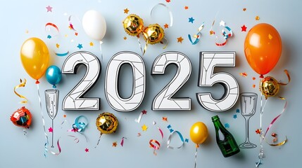 Poster - Minimalist and modern geometric 2025 design with line art of stars and streamers accented by champagne glasses and balloons perfect for festive events with ample room for ads or copy