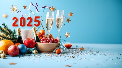 Poster - Minimalist and modern bold geometric font design of the year 2025 decorated with champagne glasses stars and streamers in a sleek and stylish composition perfect for marketing advertising