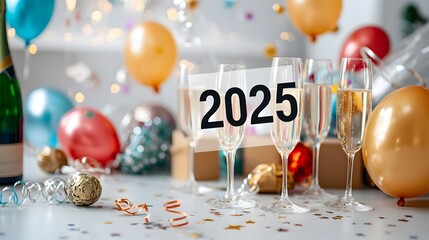 Poster - Elegant 2025 New Year Geometric Symbol Design with Stars Streamers Balloons and Champagne Glasses  Modern Abstract Graphics for Holiday Party Event Decor Advertising and Branding