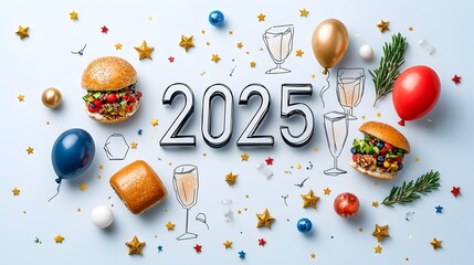 Poster - Elegant and Minimalist Modern 2025 Design Featuring Geometric Shapes Line Art of Stars Champagne Glasses and Balloons for Festive or Anniversary Event Backgrounds and Templates