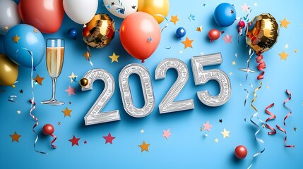 Poster - Futuristic and minimalist design featuring a 2025 geometric art element accented by line art of stars streamers and champagne glasses