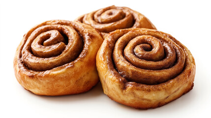 three freshly baked cinnamon rolls with golden brown pastry and swirls of cinnamon filling on a whit