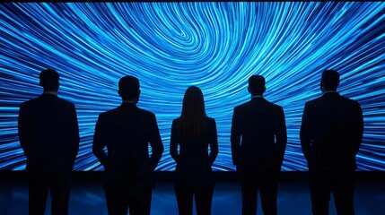 Poster - Silhouetted figures against a vibrant blue spiral backdrop, representing innovation, teamwork, and futuristic perspectives.