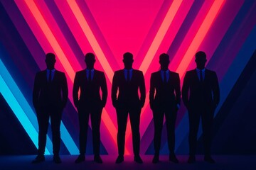 Poster - Silhouetted figures in suits stand against vibrant neon lights, creating a striking visual contrast and modern atmosphere.