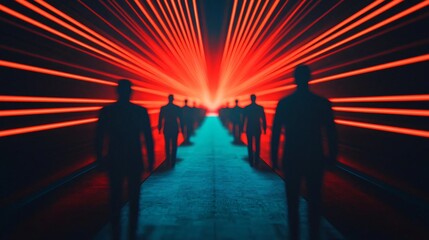 Poster - Silhouetted figures walk towards a vibrant light source, surrounded by dynamic laser beams in an abstract setting.