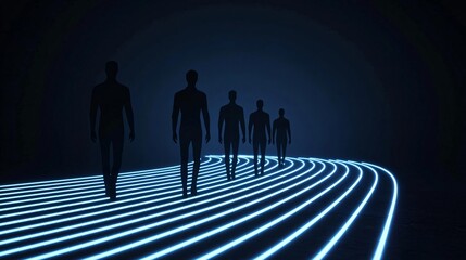 Poster - Silhouetted figures walking on a glowing blue path, creating a mysterious, futuristic ambiance in a dark setting.