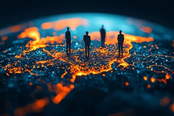 Poster - Silhouettes of figures stand on a glowing map, representing global connections and the digital landscape of communication.