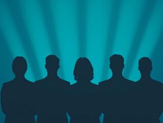 Poster - Silhouettes of five people standing together, with blue rays of light illuminating the background, creating a dramatic effect.