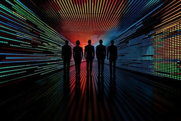 Poster - Silhouettes of five individuals stand against a vibrant, colorful background showcasing light trails and digital patterns.